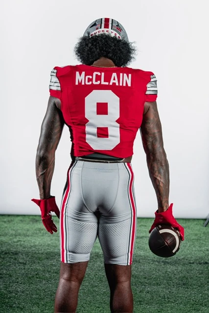 The back of Jaylen McClain's Ohio State jersey: McCLAIN, No. 8.